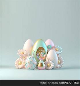Digital 3D Illustration of Glossy Eggs and Flowers for Easter Day Party Background