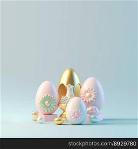 Digital 3D Illustration of Glossy Eggs and Flowers for Easter Festive Background