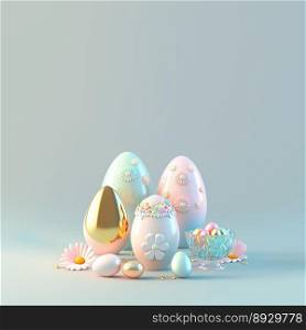 Digital 3D Illustration of Glossy Eggs and Flowers for Easter Party Background
