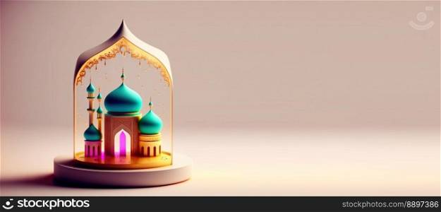 Digital 3D Illustration of Mosque for Eid Islamic Ramadan Banner with Copy Space
