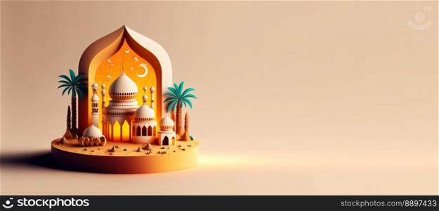 Digital 3D Illustration of Mosque for Islamic Ramadan Banner with Copy Space
