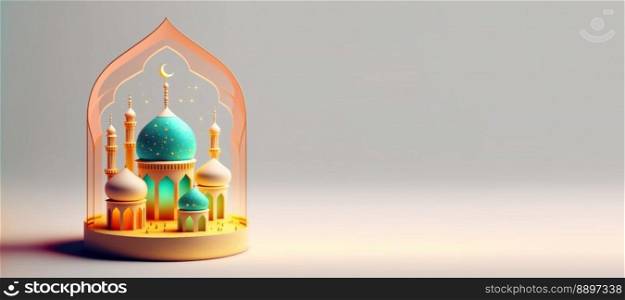Digital 3D Illustration of Mosque for Ramadan Islmic Celebration Banner with Copy Space