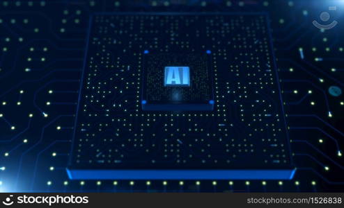 Digital 3d render of computer chip over circuit background with AI sign. AI(Artificial Intelligence) concept, Technology background