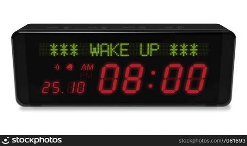 Digital alarm clock with LED display isolated on white background