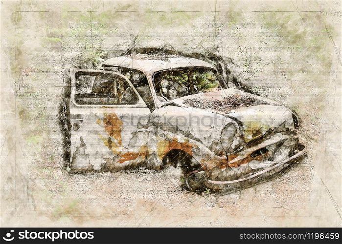 Digital artistic Sketch of a Scrap Car, based on own Photography, Property Release not required.