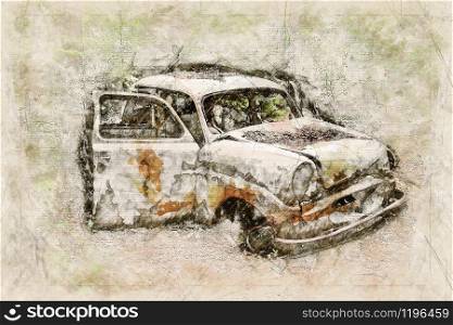 Digital artistic Sketch of a Scrap Car, based on own Photography, Property Release not required.