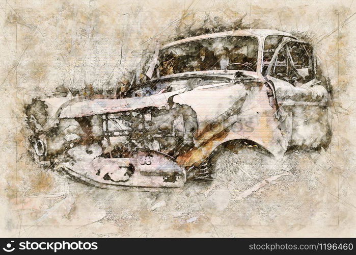 Digital artistic Sketch of a Scrap Car, based on own Photography, Property Release not required.