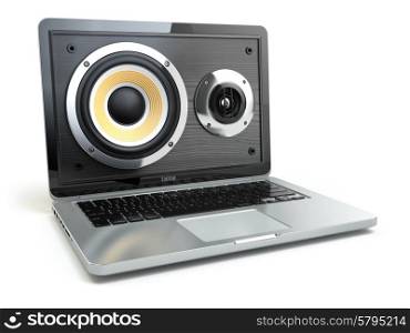 Digital audio or music software concept. Laptop and loudspeaker. 3d