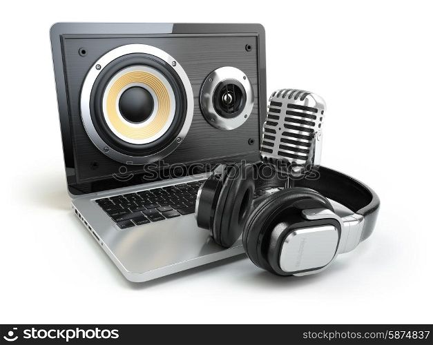 Digital audio or music software concept. Laptop, microphone and loudspeakers. 3d