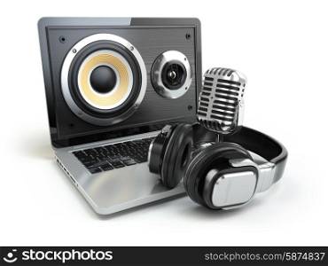 Digital audio or music software concept. Laptop, microphone and loudspeakers. 3d