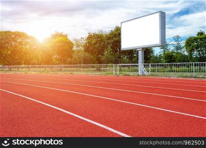 Digital blank scoreboard at football stadium with running track in sport stadium in outdoor ,Advertising Billboard LED, Empty white digital.