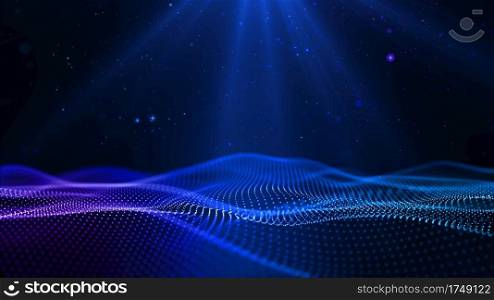 Digital blue particles wave flow with dust and bokeh, Digital Stage floor and lighting for display your product background