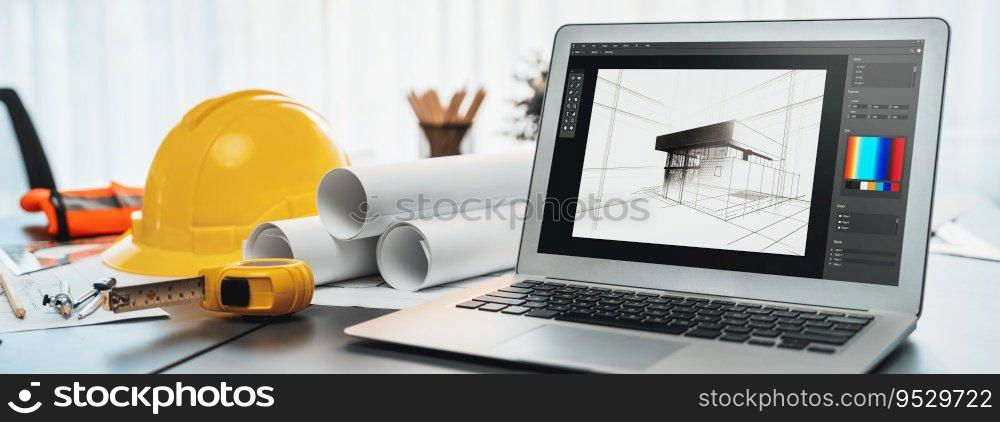 Digital blueprint by architecture design software on laptop screen with documents and blueprint layout on office table seamless integration of technology and traditional drafting method. Insight