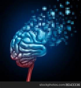 Digital brain and mind upload or uploading human thinking concept as a neurological organ being tranformed to digitalized pixels uploaded to virtual space or a cloud server as an artificial intelligence symbol or neuroscience technology in a 3D illustration style.
