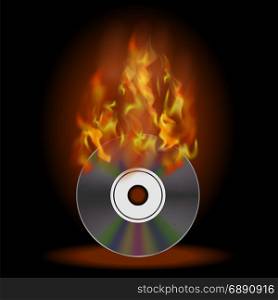 Digital Burning Compact Disc with Fire and Flame on Dark Background. Burning Compact Disc with Fire and Flame