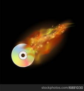 Digital Burning Compact Disc with Fire and Flame on Dark Background. Digital Burning Compact Disc with Fire and Flame