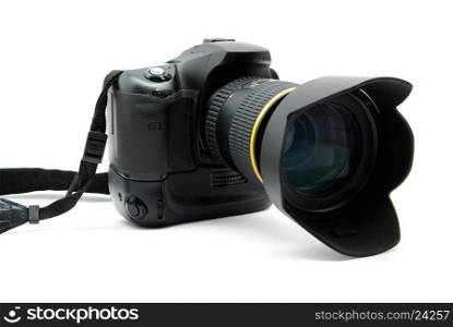 Digital camera with lens, isolated on white