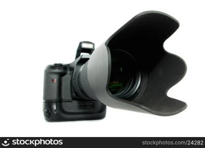 Digital camera with lens, isolated on white