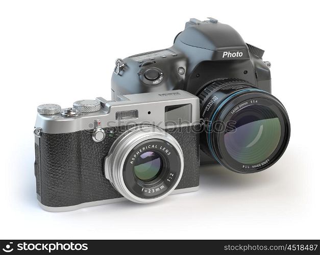 Digital cameras. Dslr and mirrorless stylized to retro vintage cameras isolated on white. 3d illustration
