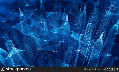 Digital City, Digital cyberspace with particles and Digital data network connections, 5g High speed internet connection and Data analysis process, Smart city background concept.