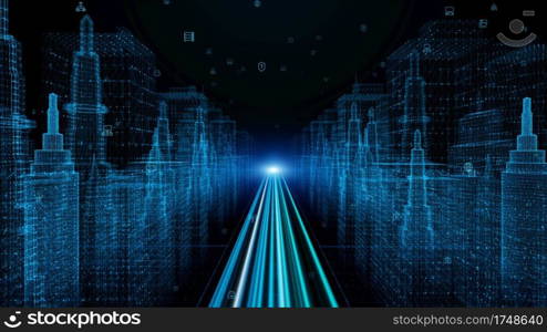 Digital City, Digital cyberspace with particles and Digital data network connections, 5g high-speed connection data analysis process abstract background concept.