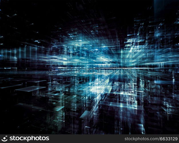 Digital City series. Graphic composition of three dimensional fractals and lights for designs on computers, science, virtual reality and modern technology