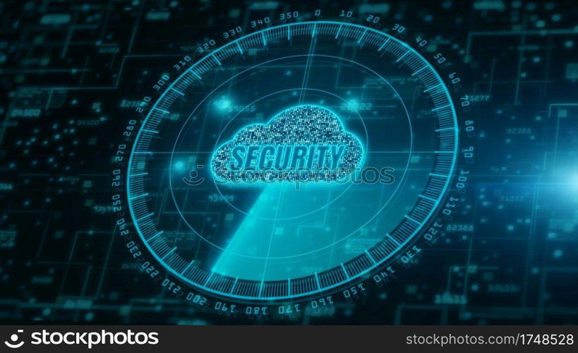 Digital cloud computing and radar scanning of cyber security. Digital data network protection. High-speed connection data analysis. Future technology digital background