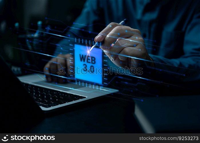 Digital communication and virtual screen Web 3.0 concept image with a man using a laptop. Technology and WEB 3.0 concept.