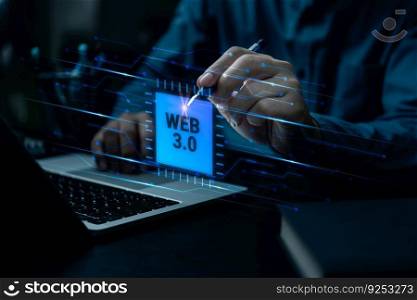 Digital communication and virtual screen Web 3.0 concept image with a man using a laptop. Technology and WEB 3.0 concept.