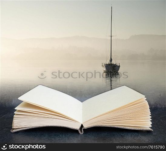 Digital composite concept image of open book wth Beautiful unplugged landscape image of sailing yacht sitting still in calm lake water in Lake District during peaceful misty Autumn Fall sunrise