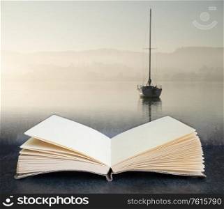 Digital composite concept image of open book wth Beautiful unplugged landscape image of sailing yacht sitting still in calm lake water in Lake District during peaceful misty Autumn Fall sunrise