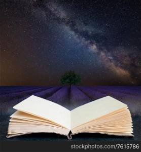 Digital composite concept image of open book wth Stunning vibrant Milky Way composite image over landscape of Beautiful lavender field