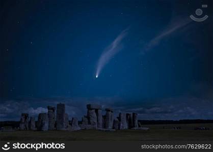 Digital composite image of Neowise Comet over Stonehenge