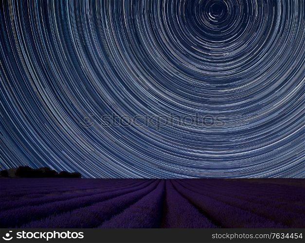 Digital composite image of star trails around Polaris with Stunning vibrant landscape of beautiful lavender field