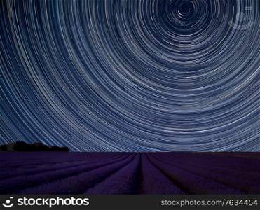 Digital composite image of star trails around Polaris with Stunning vibrant landscape of beautiful lavender field
