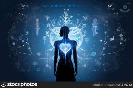 Digital composite of Woman silhouette with heart against blue background with media icons