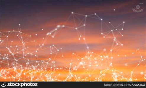 Digital computer data and network connection triangle lines and spheres in futuristic technology concept on sunset sky background. Abstract graphic design illustration