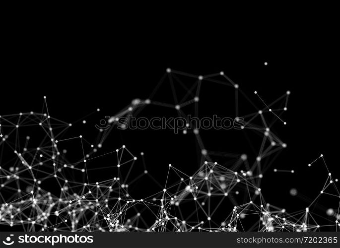 Digital computer data and network connection triangle lines and spheres in futuristic technology concept on black background. Abstract graphic design illustration