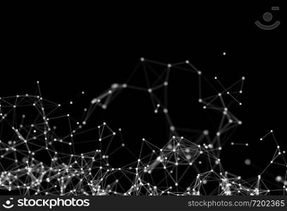 Digital computer data and network connection triangle lines and spheres in futuristic technology concept on black background. Abstract graphic design illustration