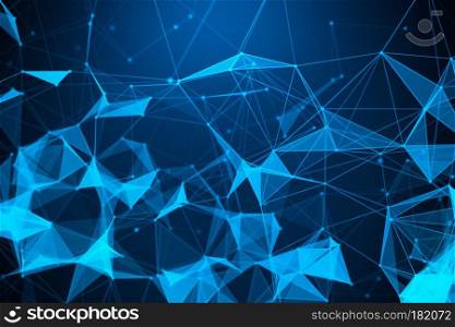 Digital computer data and network connection triangle lines and spheres in futuristic technology concept. Plexus particle background. 3d abstract illustration