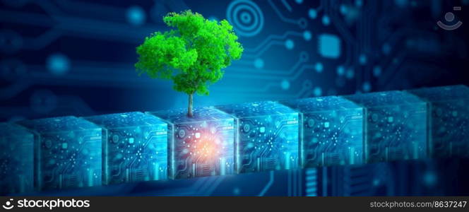 Digital cube with tree against nature with digital convergence and technology background. Ecology, Energy, Environment, Green Technology, and IT ethics Concept.