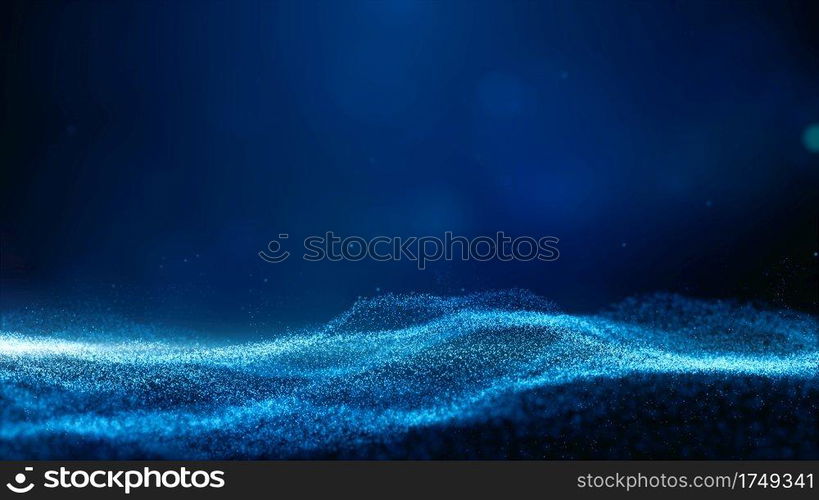 Digital cyberspace futuristic, Blue color particles wave flowing with bokeh and light, Lines and dots connection abstract background.