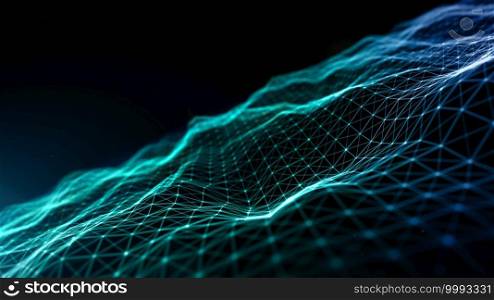 Digital cyberspace futuristic, Green and Blue color particles wave flowing with lines and dots connection, Technology network abstract background. 3d rendering