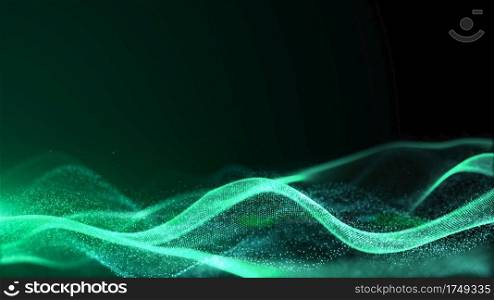 Digital cyberspace futuristic, Green color particles wave flowing with bokeh and light, Lines and dots connection abstract background.