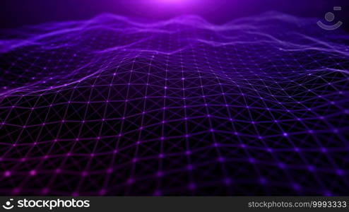 Digital cyberspace futuristic, Purple color particles wave flowing with lines and dots connection, Technology network abstract background . 3d rendering