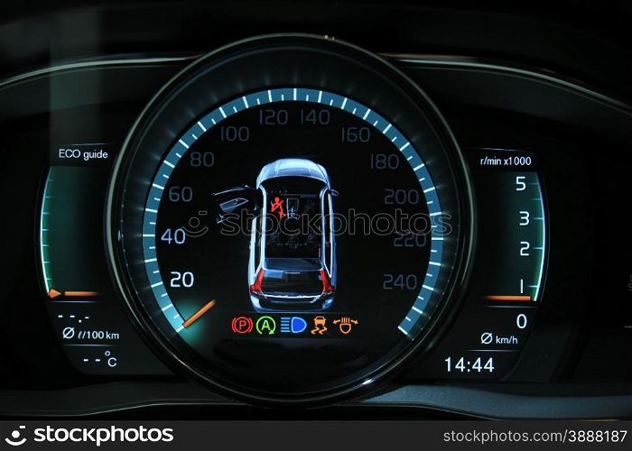 Digital dashboard of a modern car, showing all different functions