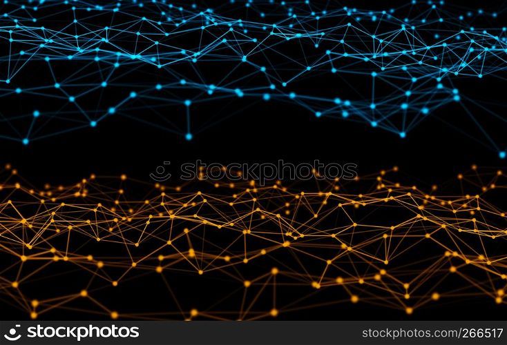 Digital data and network connection triangle lines and spheres in futuristic technology concept on black background, 3d abstract illustration