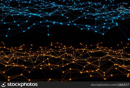 Digital data and network connection triangle lines and spheres in futuristic technology concept on black background, 3d abstract illustration