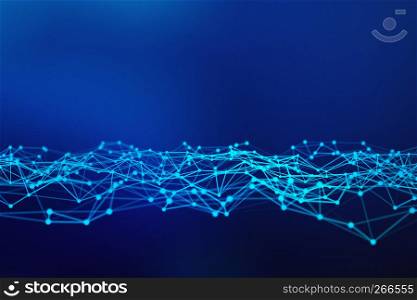 Digital data and network connection triangle lines and spheres in futuristic technology concept on blue background, 3d abstract illustration
