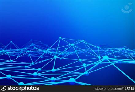 Digital data and network connection triangle lines and spheres in technology concept on blue background, 3d abstract illustration
